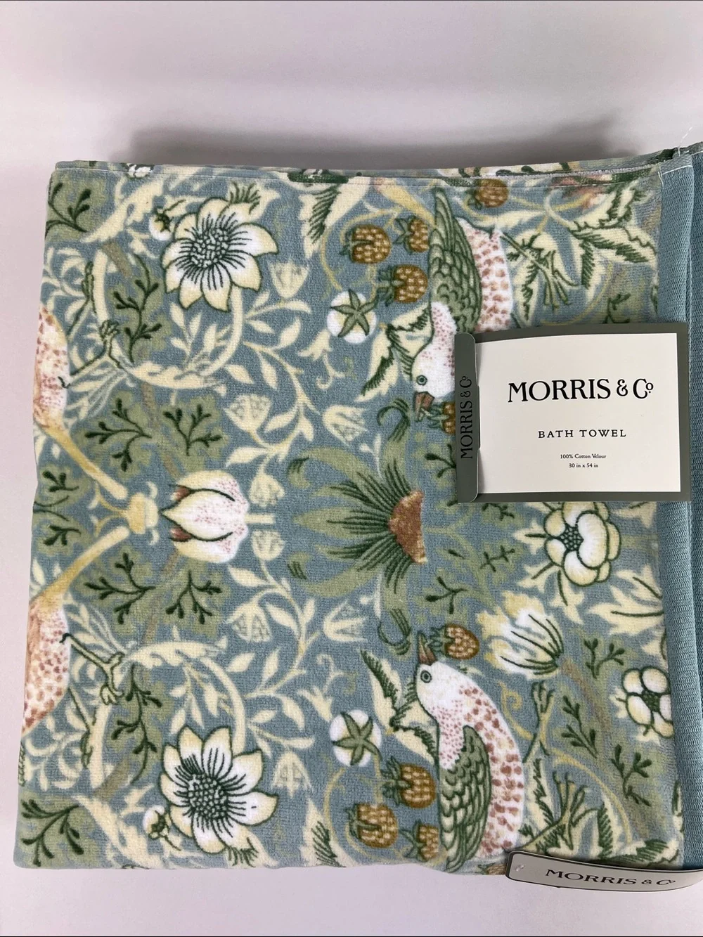 William Morris Co Bath Towels Strawberry Thief Green Velour 2 Pc Set NEW